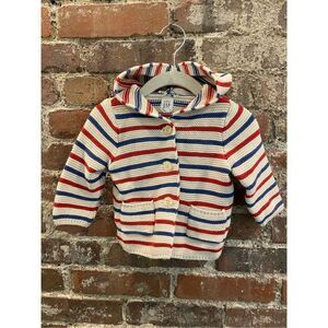 Baby GAP White/Blue/Red Striped Bear Ear Hooded Cardigan Sweater Baby Size 3-6 M